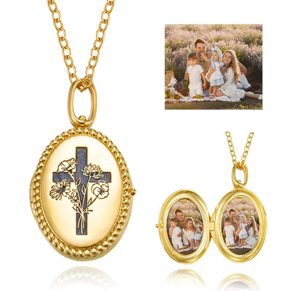 Personalized Birth Flower Bouquet Cross Locket Necklace