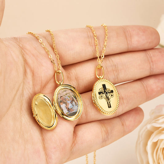 Personalized Birth Flower Bouquet Cross Locket Necklace