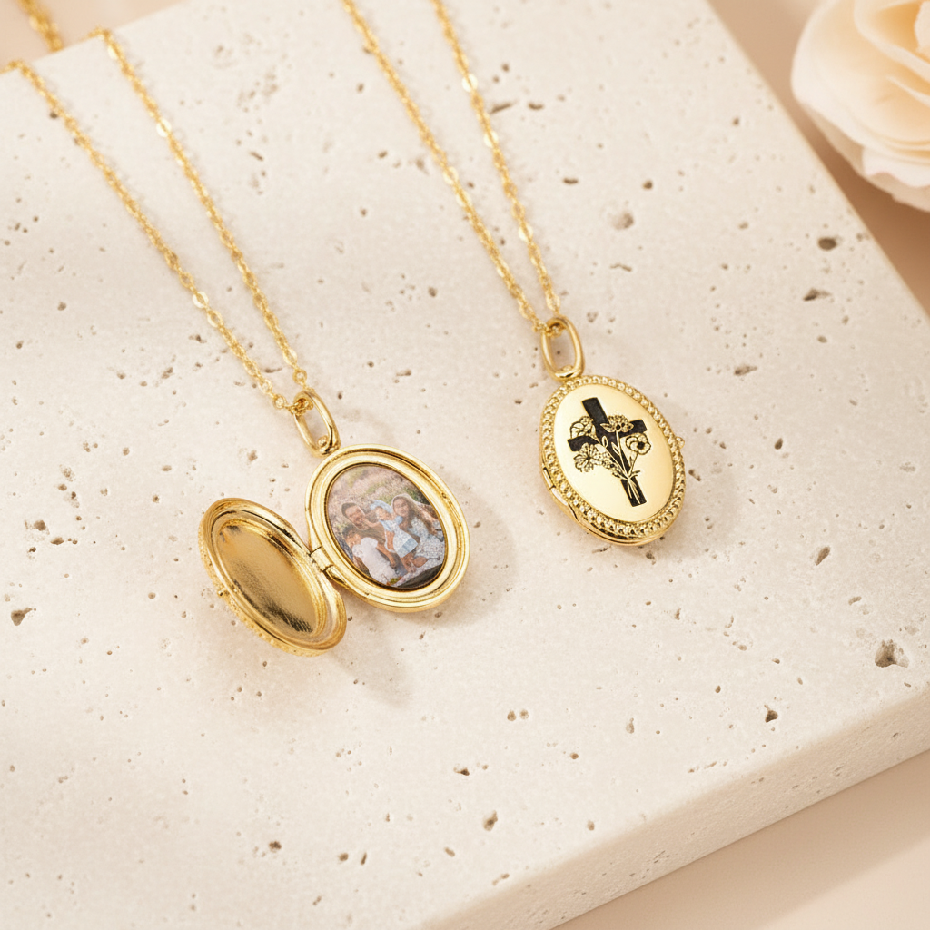 Personalized Birth Flower Bouquet Cross Locket Necklace