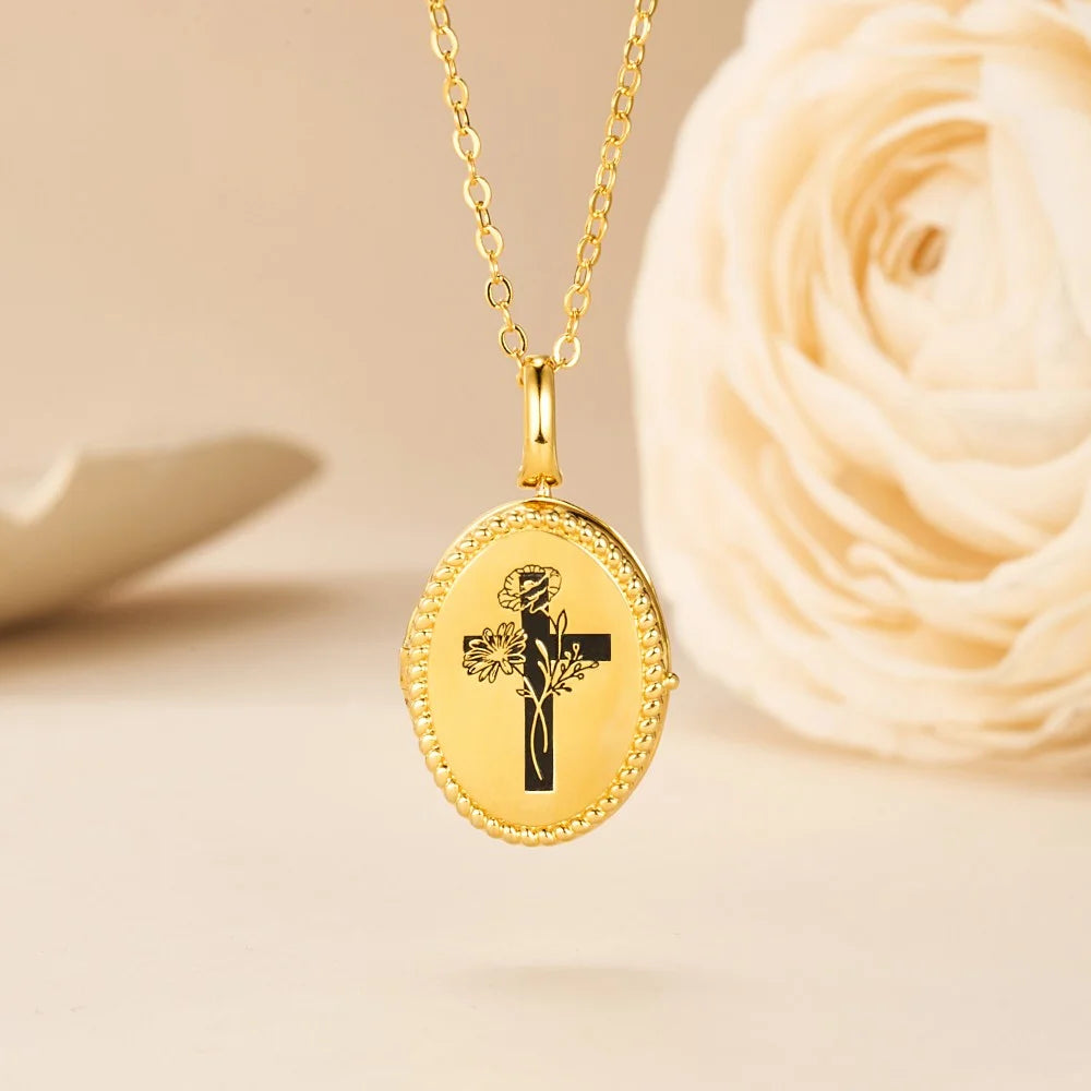 Personalized Birth Flower Bouquet Cross Locket Necklace