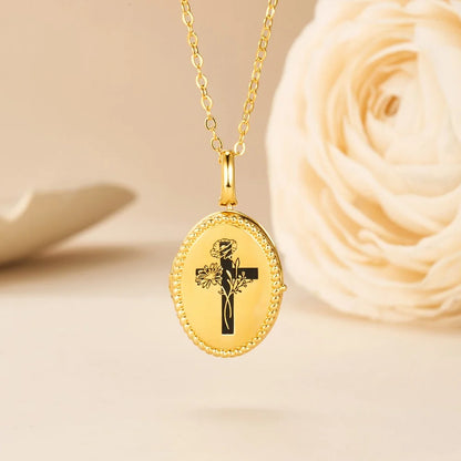 Personalized Birth Flower Bouquet Cross Locket Necklace