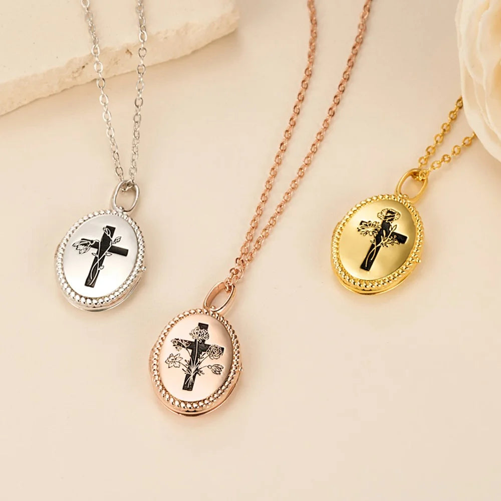 Personalized Birth Flower Bouquet Cross Locket Necklace