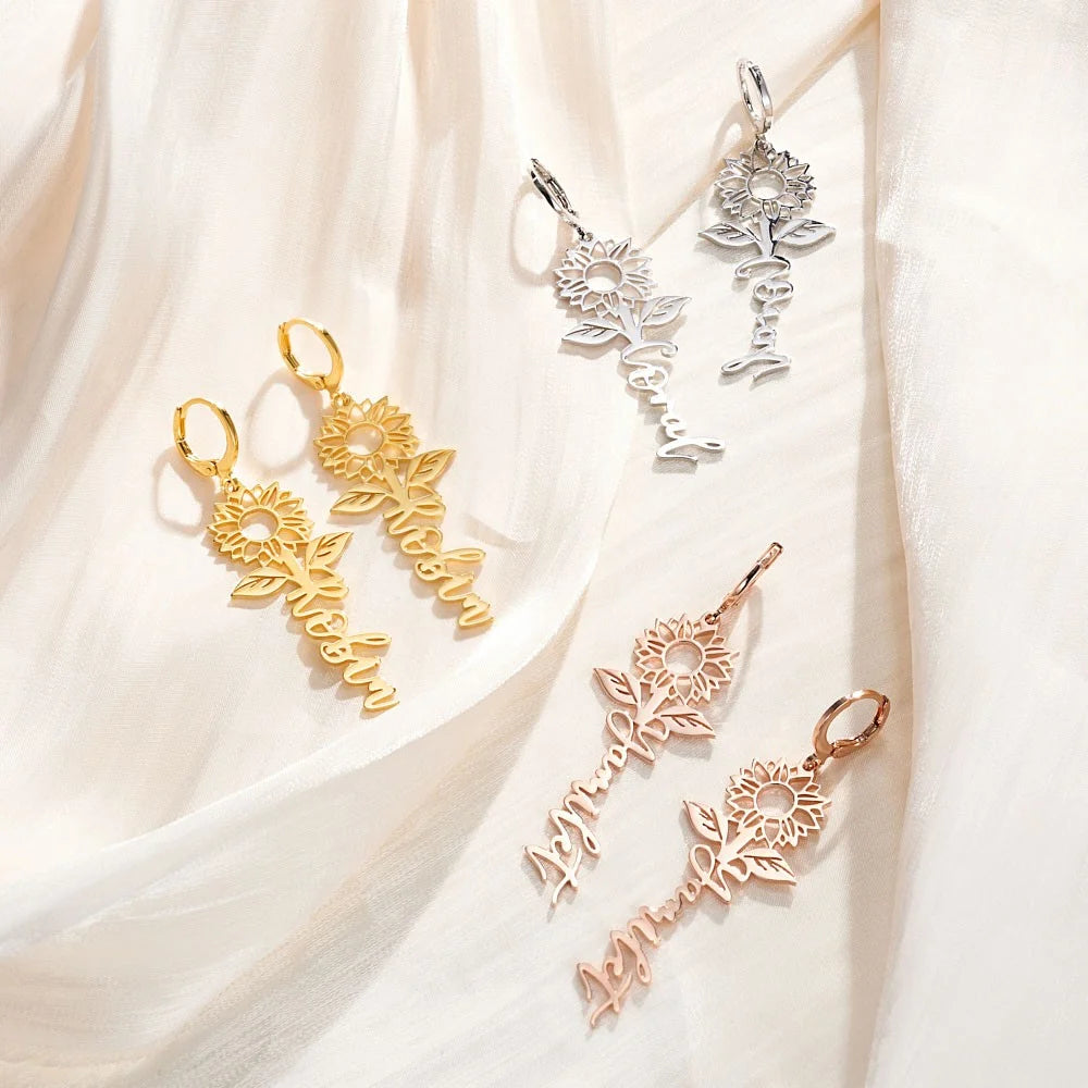 Custom Name Sunflower Hug Earrings