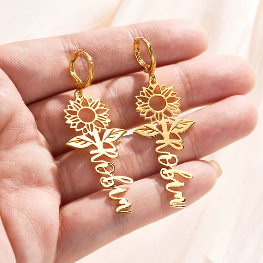 Custom Name Sunflower Hug Earrings
