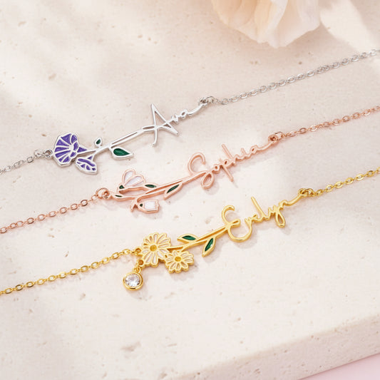 Custom Name Birth Flower Necklace with Birthstone
