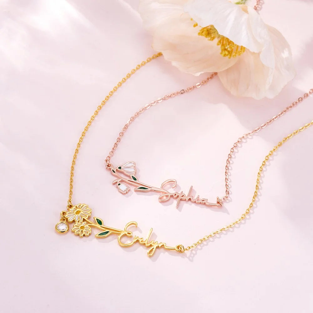 Custom Name Birth Flower Necklace with Birthstone