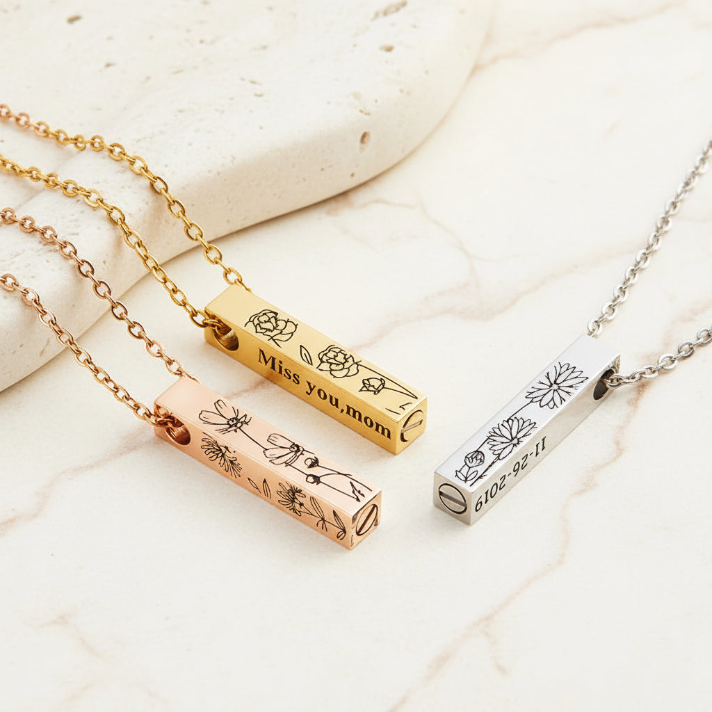 Engraved Bar Birth Flower Urn Necklace