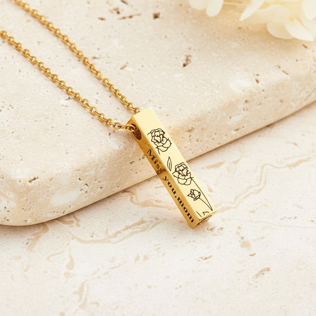 Engraved Bar Birth Flower Urn Necklace