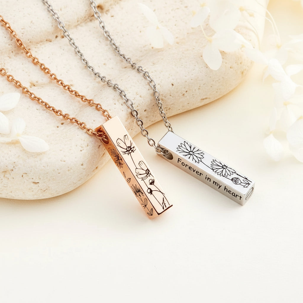 Engraved Bar Birth Flower Urn Necklace