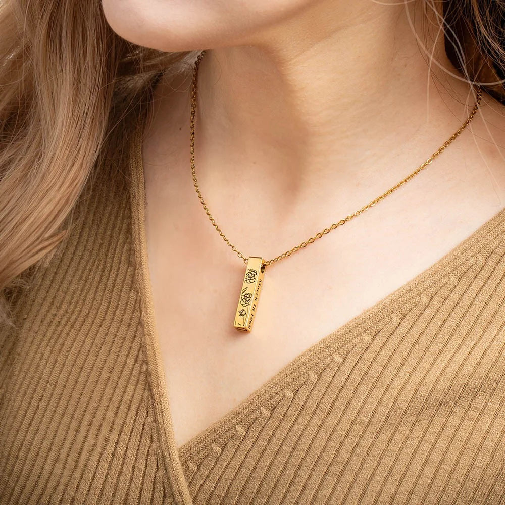 Engraved Bar Birth Flower Urn Necklace