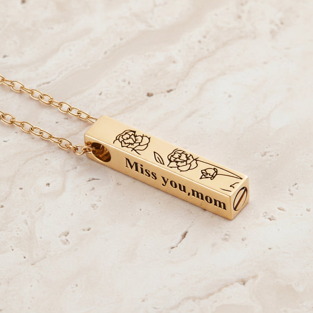 Engraved Bar Birth Flower Urn Necklace