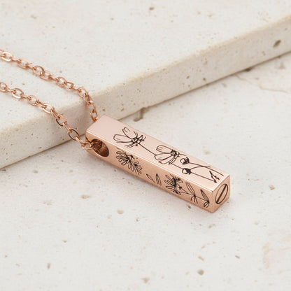 Engraved Bar Birth Flower Urn Necklace