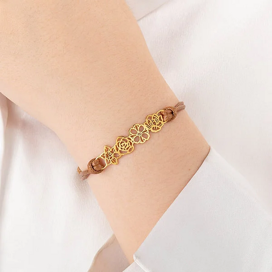 Combined Birth Flower Leather Bracelet