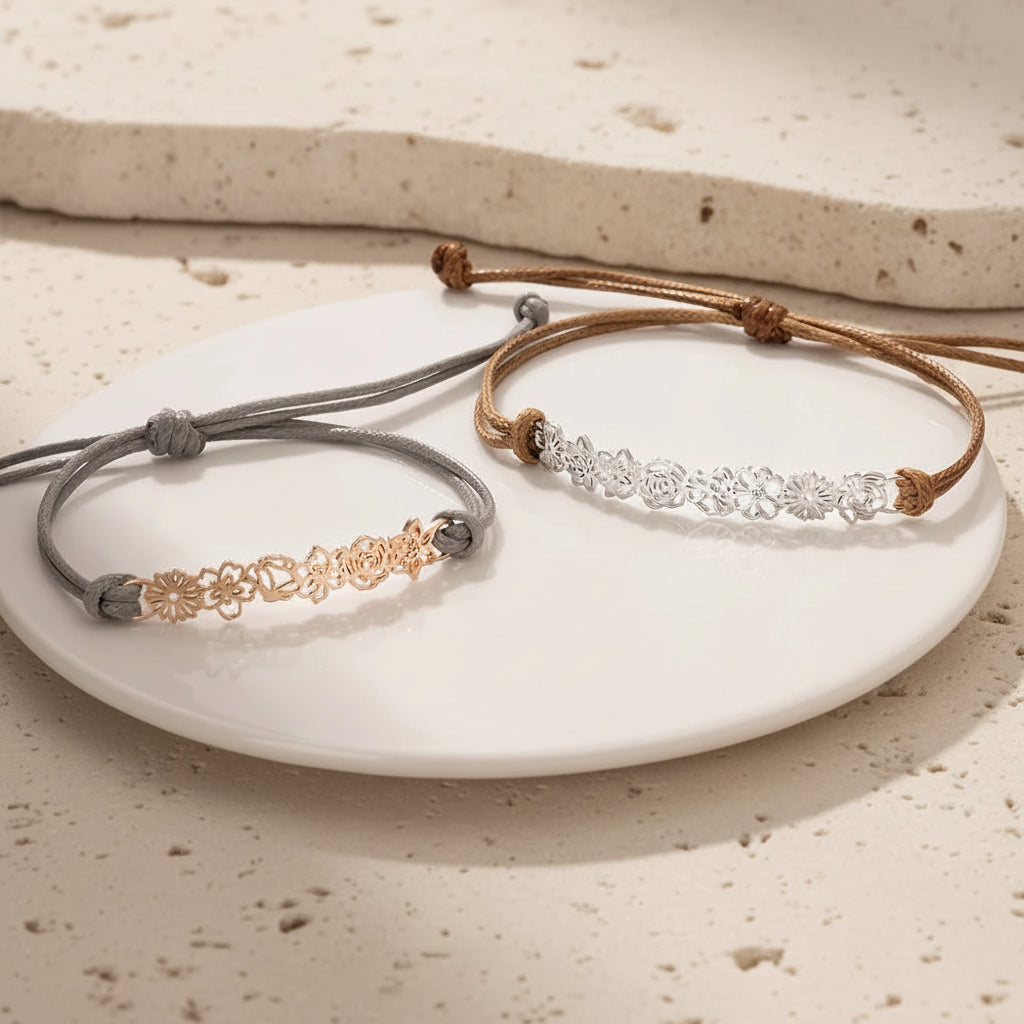 Combined Birth Flower Leather Bracelet