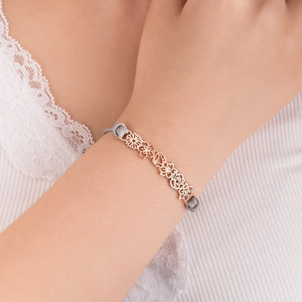 Combined Birth Flower Leather Bracelet