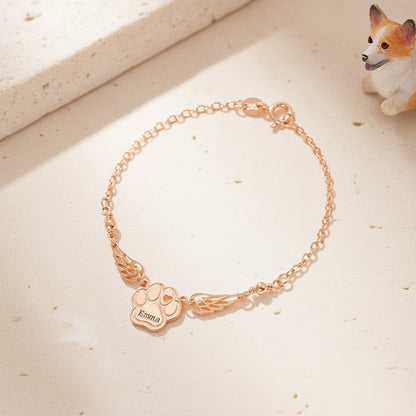 Custom Name Pet Paw Bracelet with Angel Wings