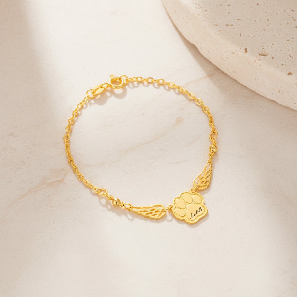 Custom Name Pet Paw Bracelet with Angel Wings