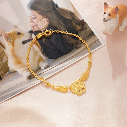 Custom Name Pet Paw Bracelet with Angel Wings