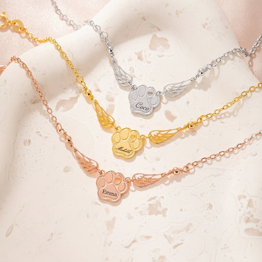 Custom Name Pet Paw Bracelet with Angel Wings