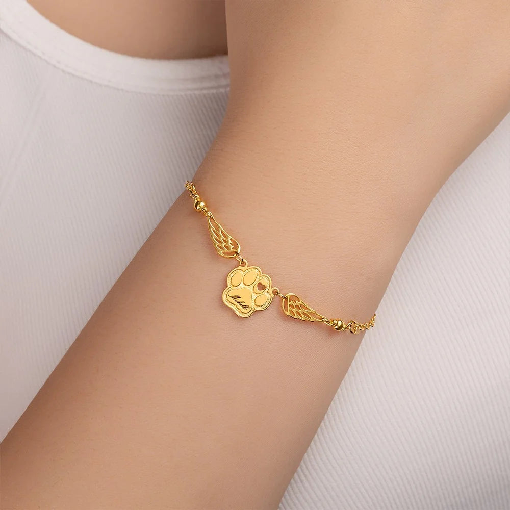 Custom Name Pet Paw Bracelet with Angel Wings