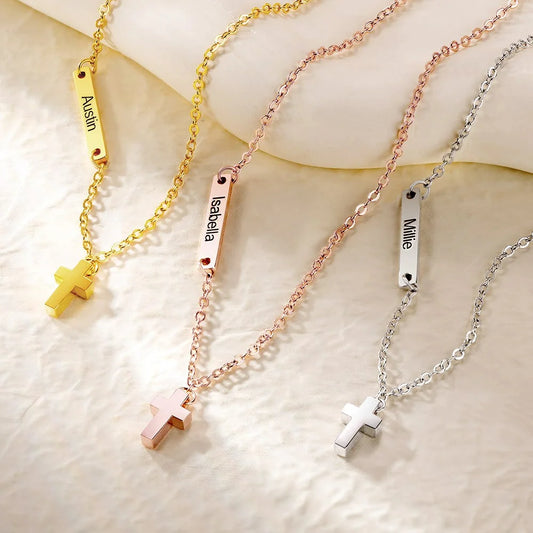 Custom Dainty Name Bar Cross Pendant Necklace