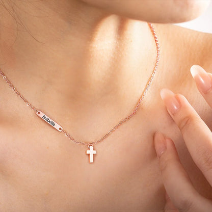 Custom Dainty Name Bar Cross Pendant Necklace