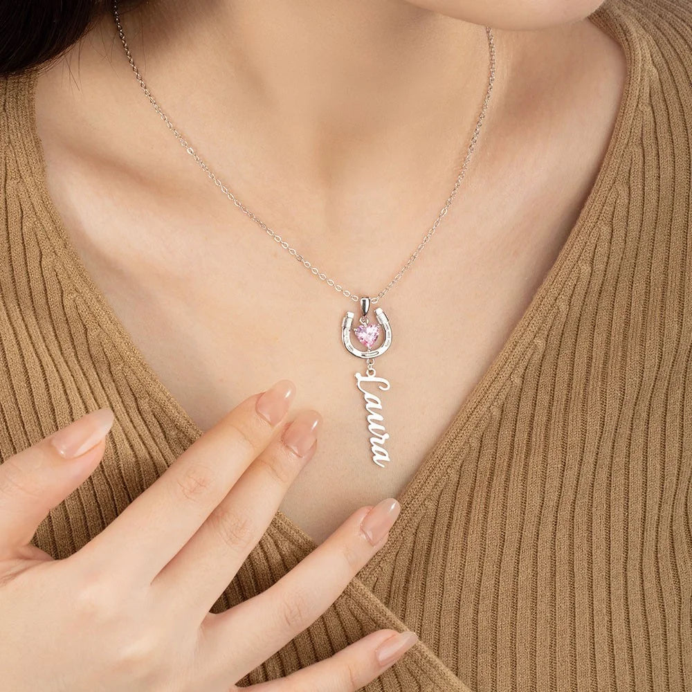 Custom Name Horseshoe Necklace with Birthstone