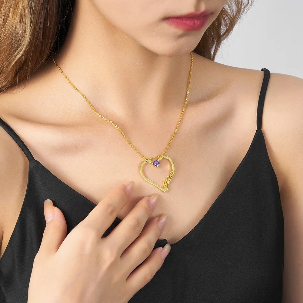 Personalized Heart Necklace with Birthstone & Name