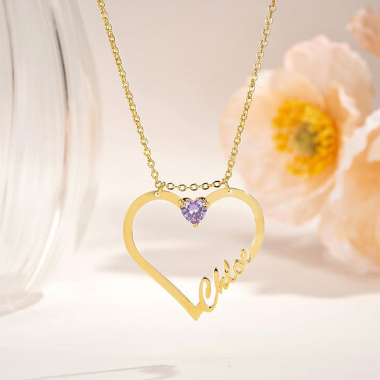 Personalized Heart Necklace with Birthstone & Name