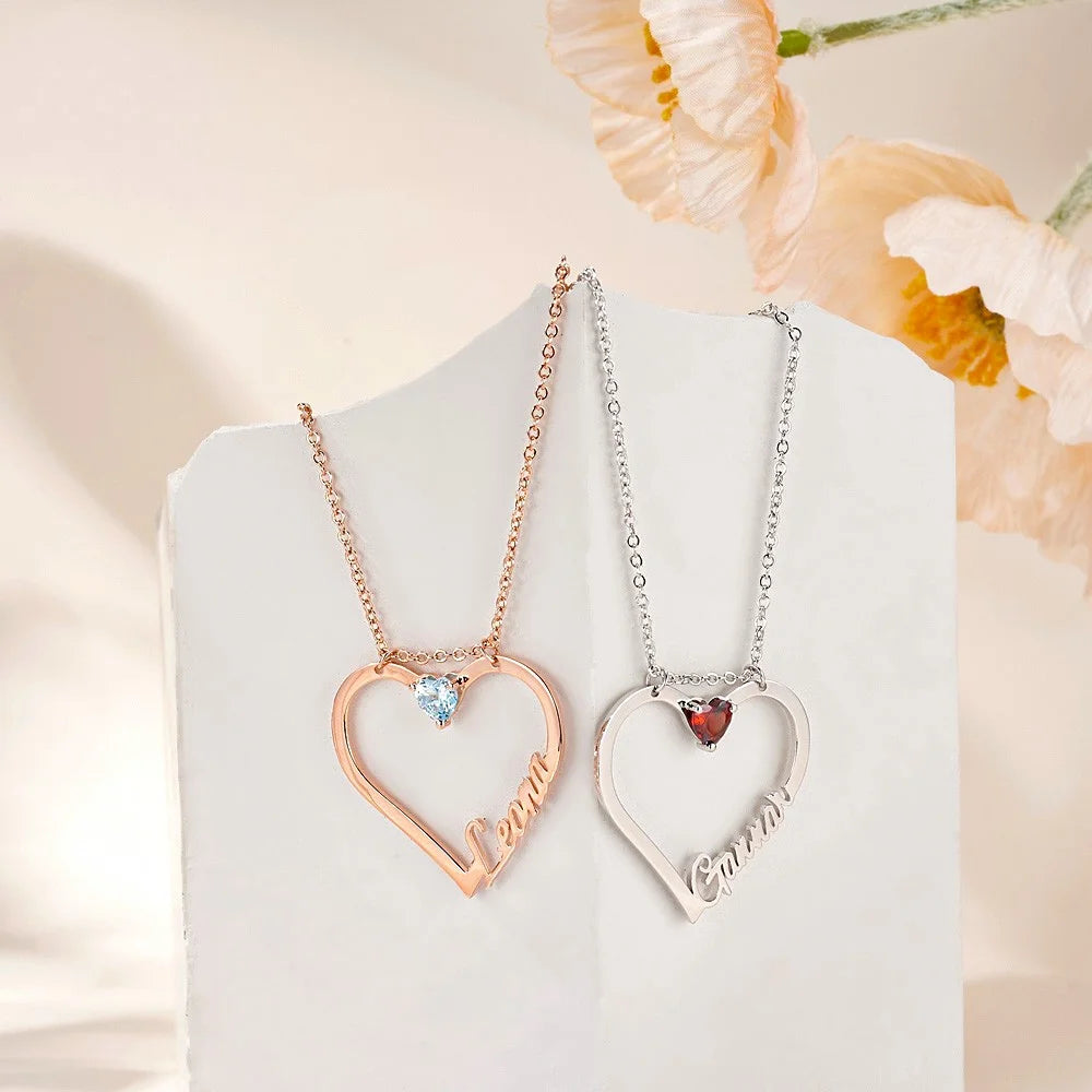 Personalized Heart Necklace with Birthstone & Name