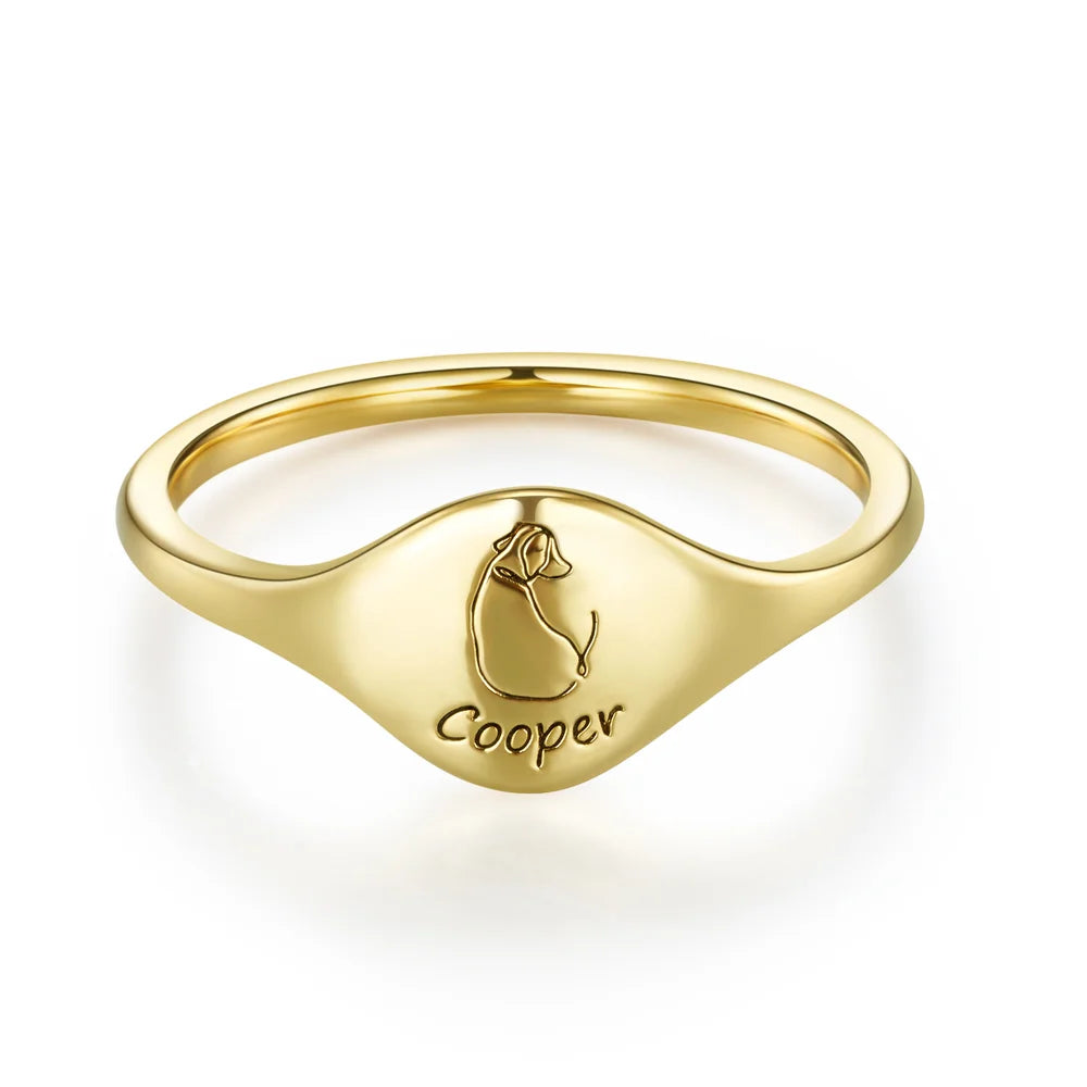 Custom Engraved Pet Silhouette Signet Ring with Name