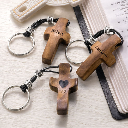 Personalized Name & Initial Wooden Cross Keychain