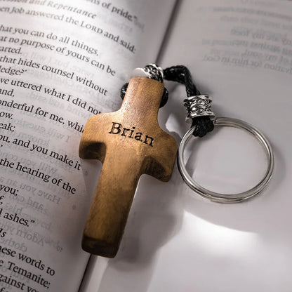Personalized Name & Initial Wooden Cross Keychain