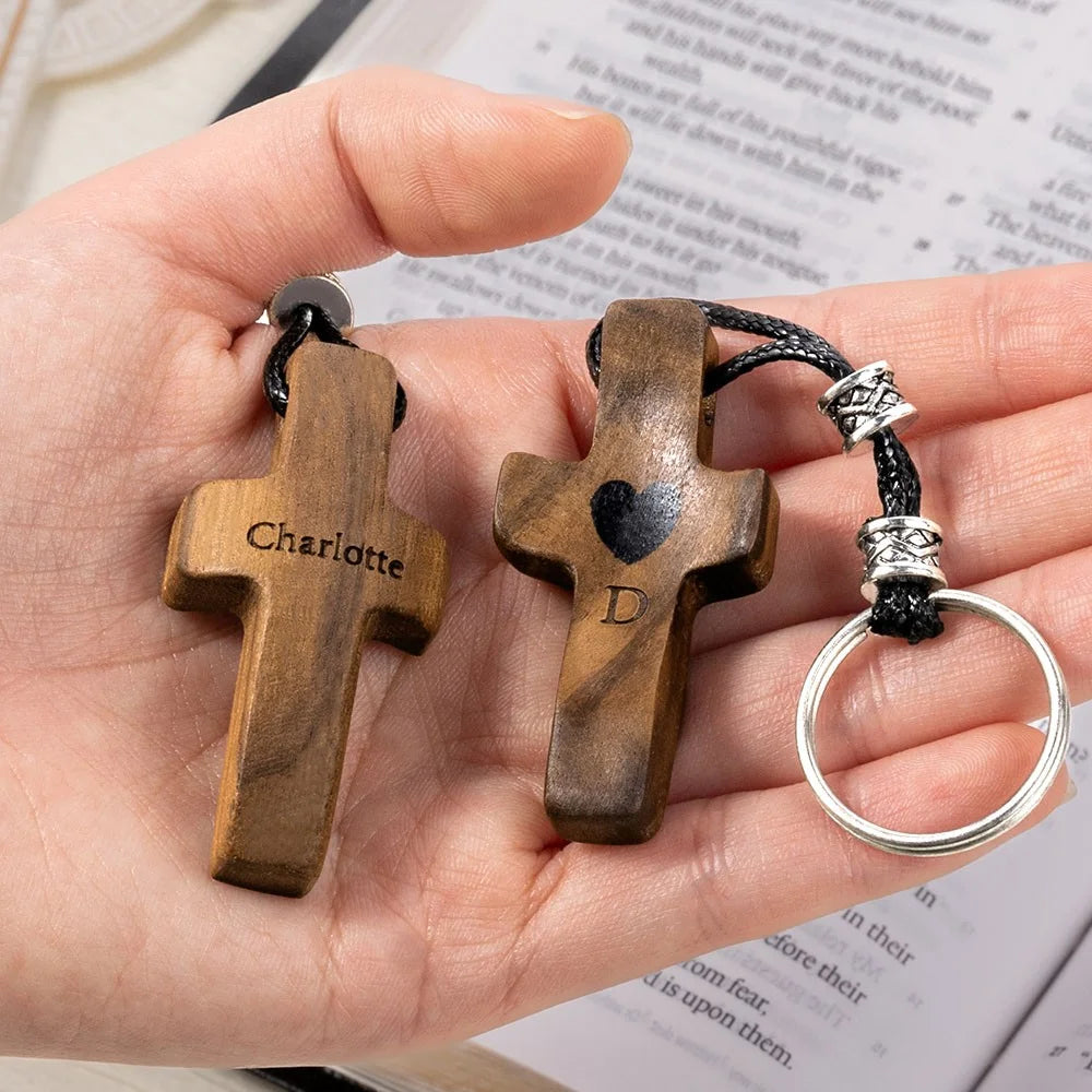 Personalized Name & Initial Wooden Cross Keychain