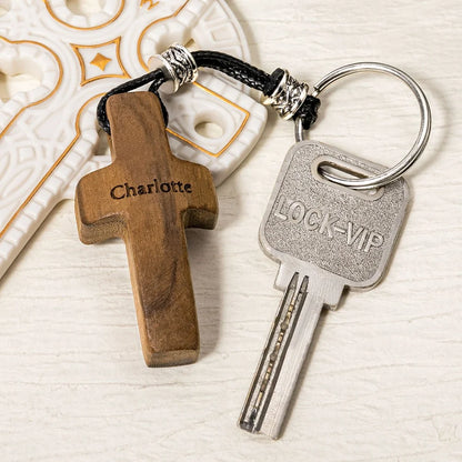 Personalized Name & Initial Wooden Cross Keychain