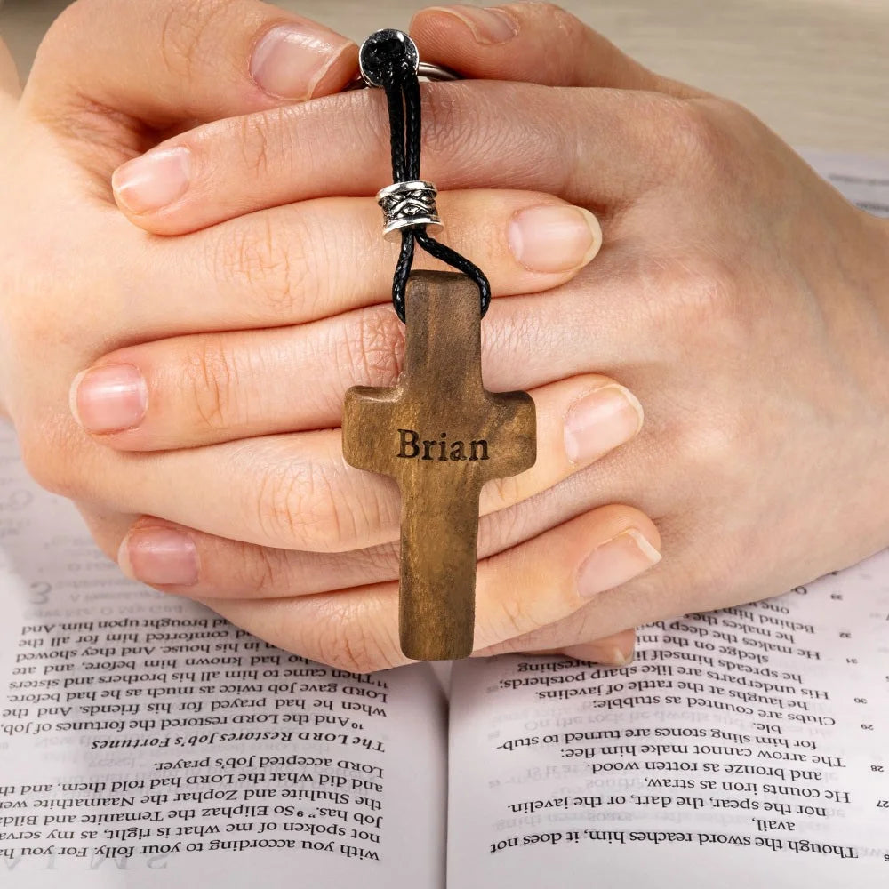 Personalized Name & Initial Wooden Cross Keychain