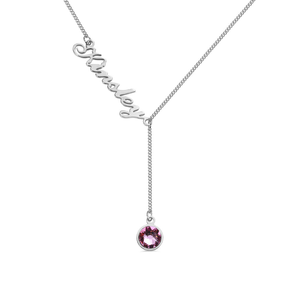 Personalized Name & Birthstone Lariat Necklace Sterling Silver 925