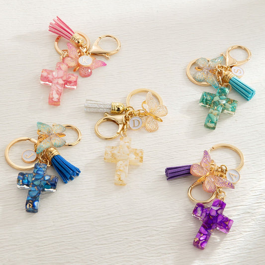 Custom Initial Resin Cross Keychain with Charms