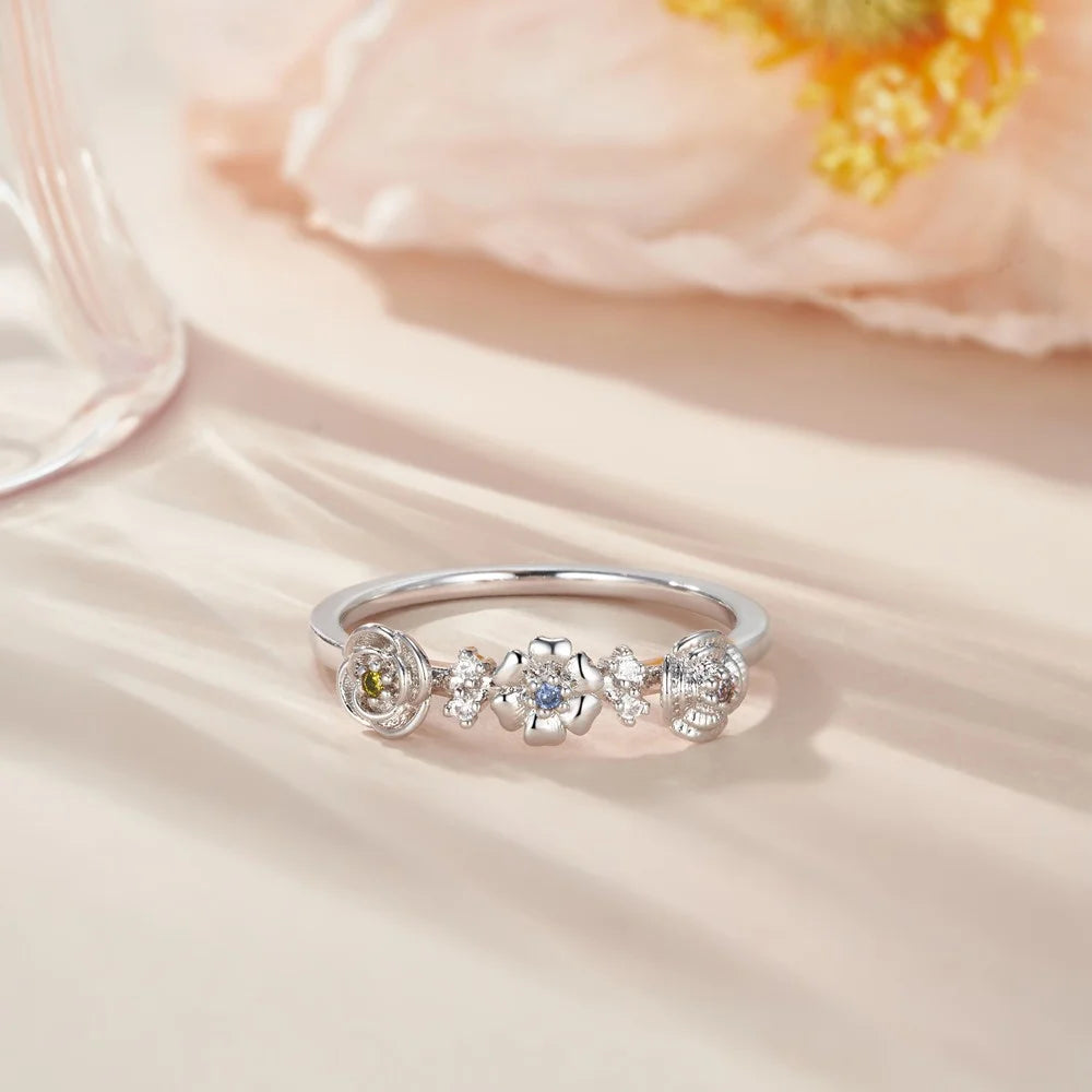 Custom Combined Birth Flowers Ring with Birthstones