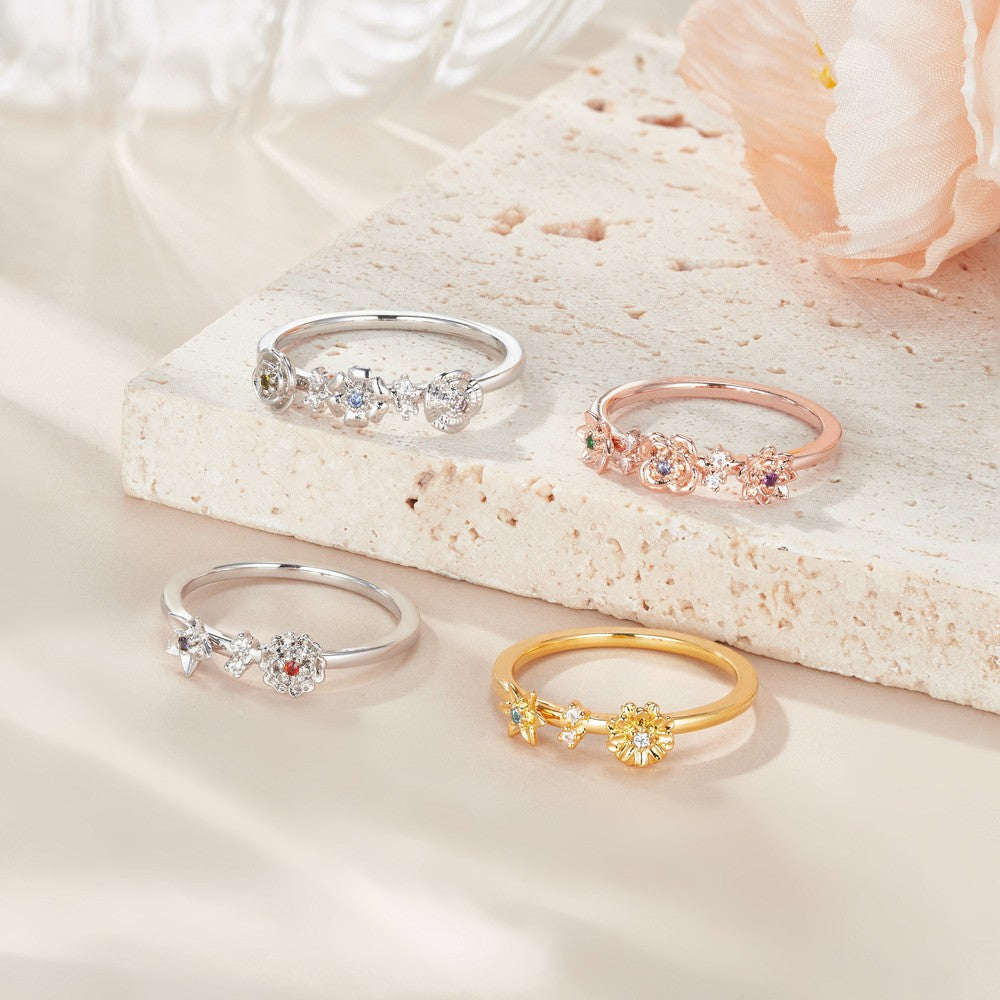 Custom Combined Birth Flowers Ring with Birthstones