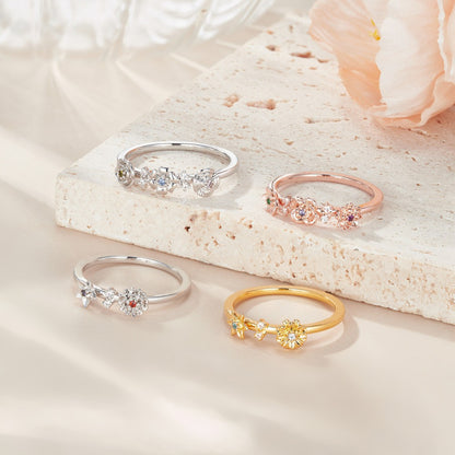 Custom Combined Birth Flowers Ring with Birthstones