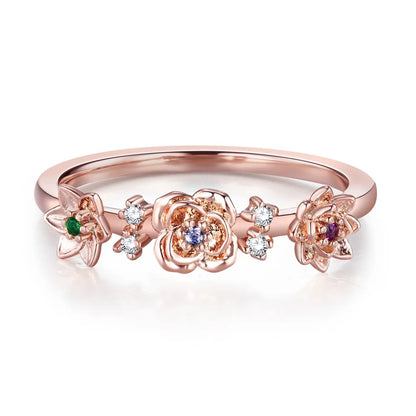 Custom Combined Birth Flowers Ring with Birthstones