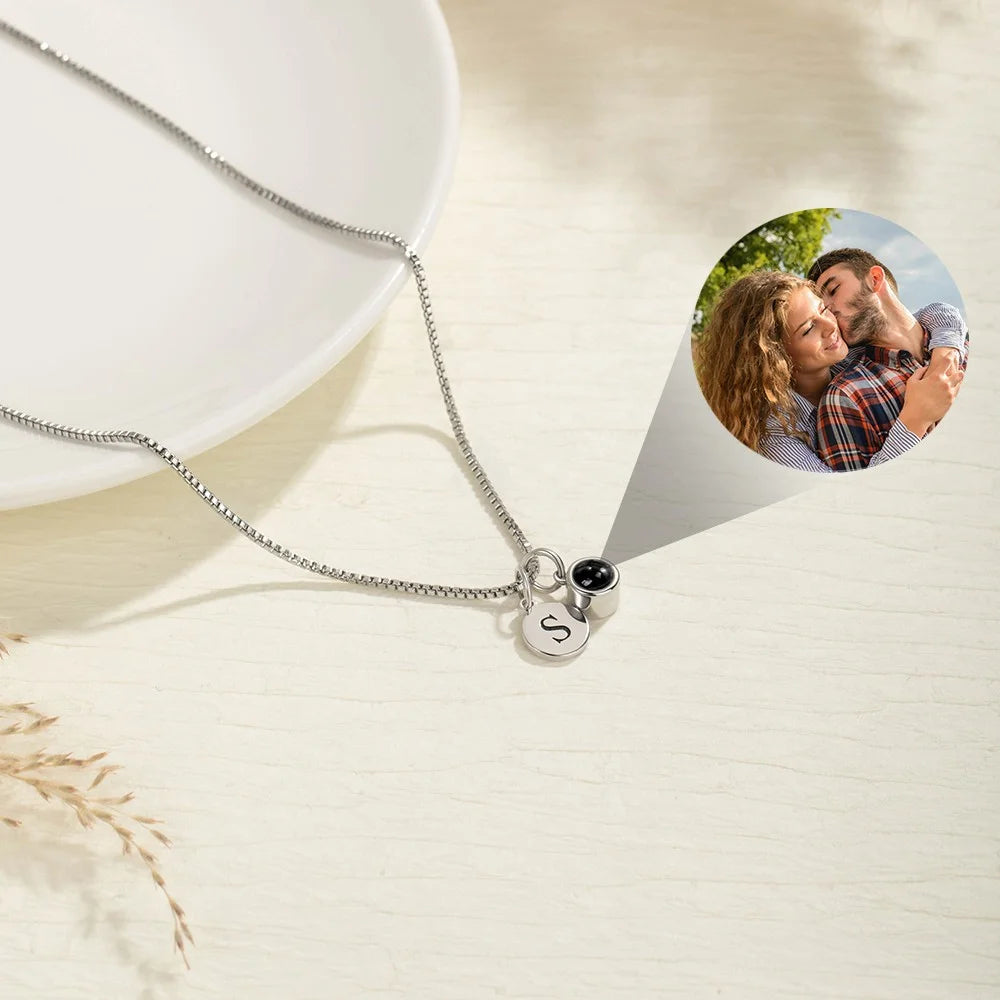 Custom Dainty Photo Projection Necklace with Initial Charm