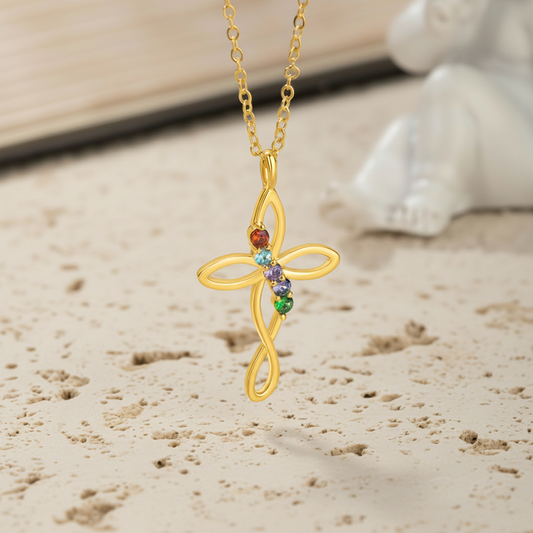 Personalized 1-5 Birthstones Infinity Cross Necklace