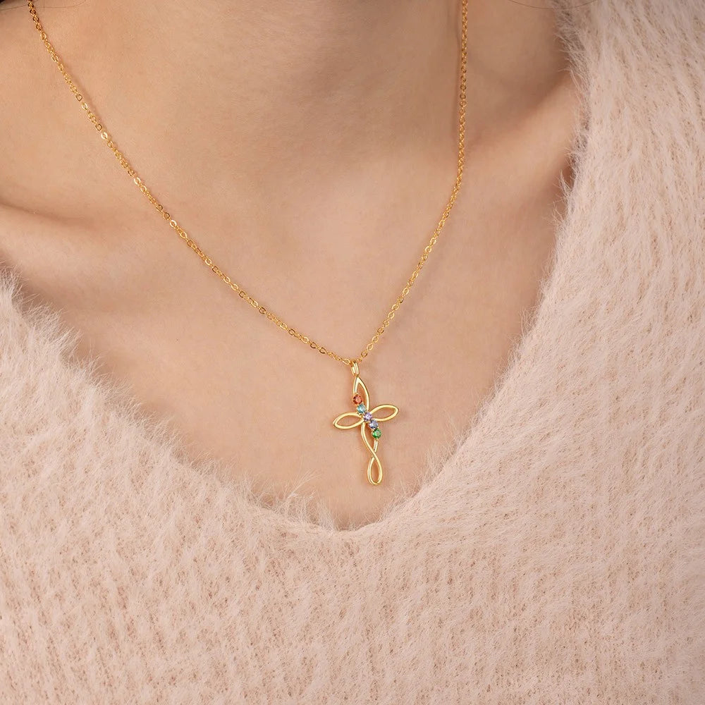 Personalized 1-5 Birthstones Infinity Cross Necklace