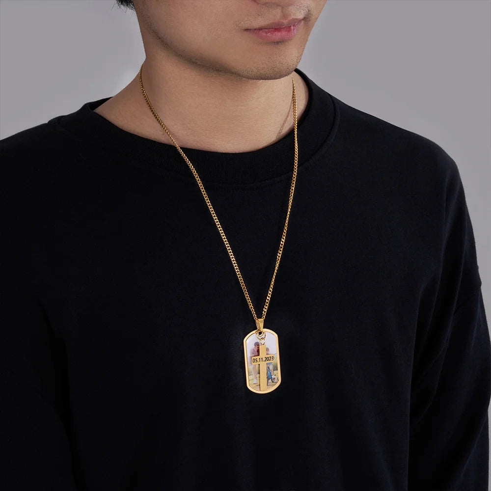 Personalized Photo Dog Tag Necklace with Cross Charm