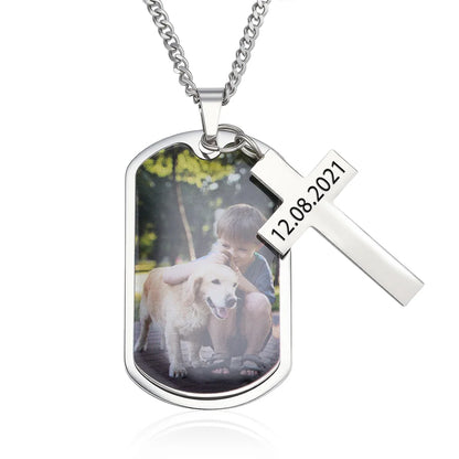 Personalized Photo Dog Tag Necklace with Cross Charm