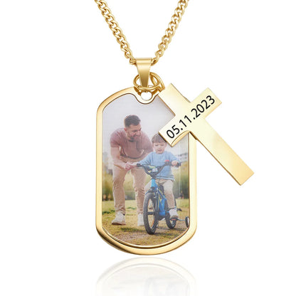 Personalized Photo Dog Tag Necklace with Cross Charm