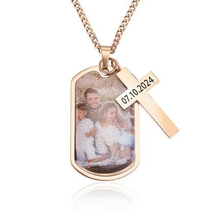 Personalized Photo Dog Tag Necklace with Cross Charm