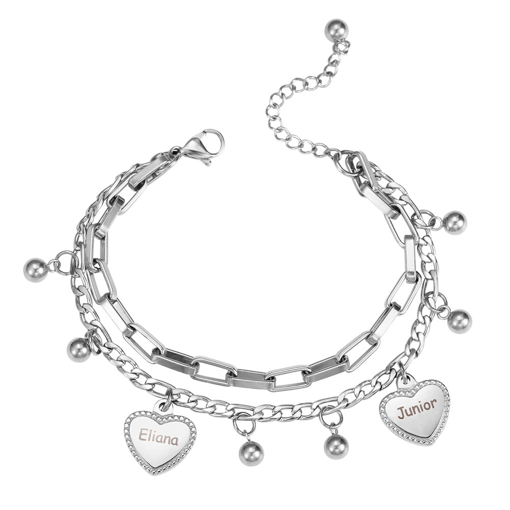 Custom Engraved Heart Charm Layered Bracelet